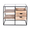 35 Inch Handcrafted Modern Glass Table, Storage Shelves, 3 Drawers, Metal Frame, Natural Brown and Black