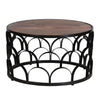 32 Inch Round Coffee Table, Mango Wood Top, Lattice Cut Out Metal Frame, Brown, Black