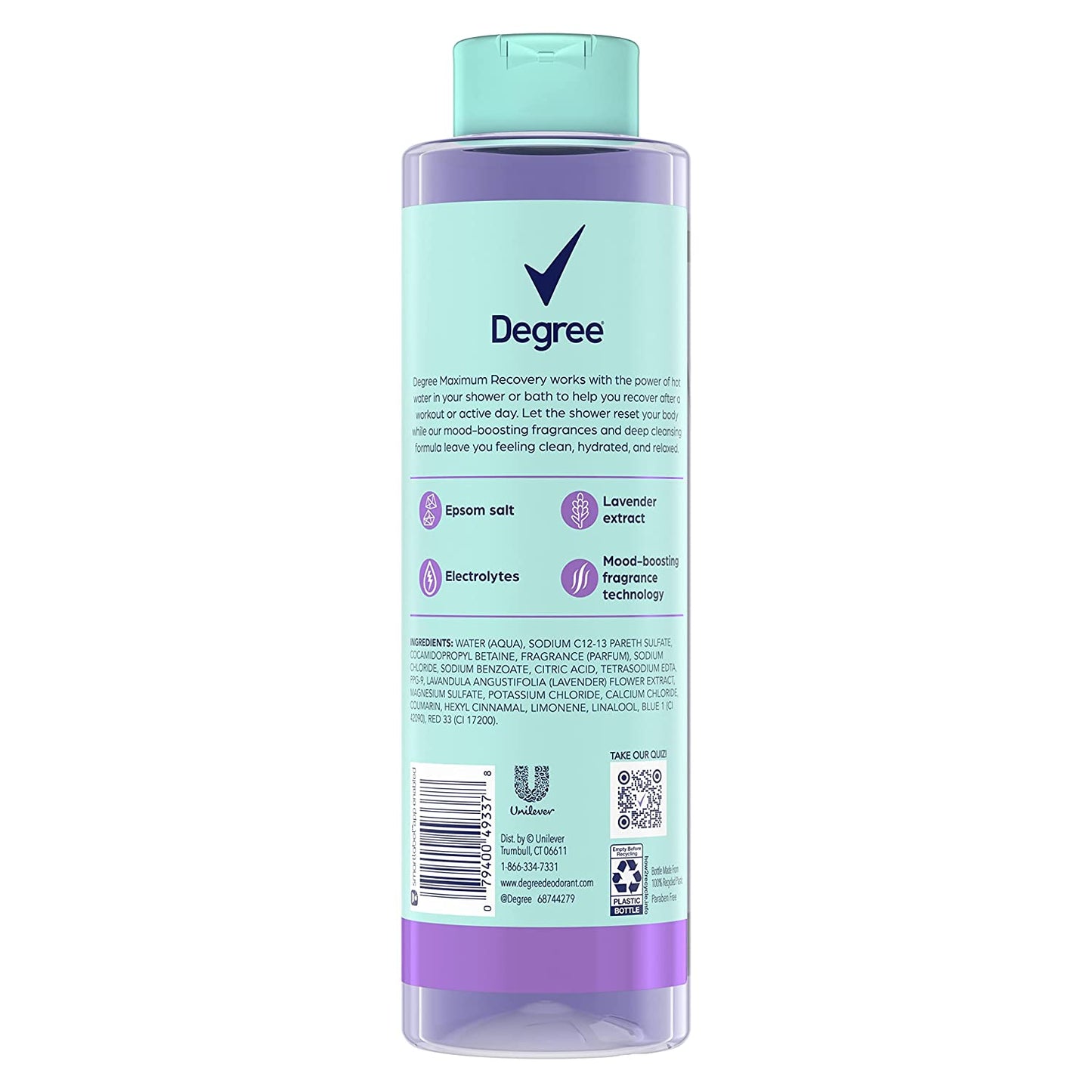 Degree Maximum Recovery Body Wash & Soak Post-Workout Recovery Skincare Routine Lavender Extract + Epsom Salt + Electrolytes Bath and Body Product 22 oz