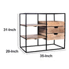 35 Inch Handcrafted Modern Glass Table, Storage Shelves, 3 Drawers, Metal Frame, Natural Brown and Black