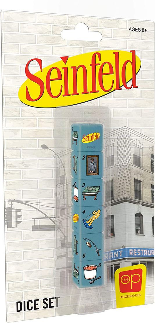 Seinfeld Dice Set | Collectible d6 Dice Featuring Characters & References - Kramer Painting, Kramer’s Coffee Table Book, Fusilli Jerry, The Rye, and Bowl of Soup | Officially Licensed 6-sided Dice
