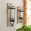 21 Inch Industrial Wall Mount Wood Candle Holder With Glass Hurrican, Set of 2, Black