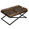 38 Inch Rectangular Mango Wood Farmhouse Coffee Table, 2 Trays, X Iron Base, Brown and Black