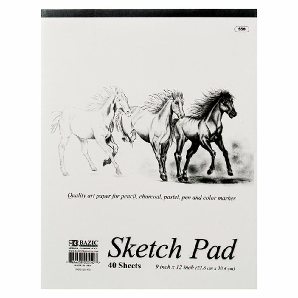 Packaging for BAZIC Sketch Pad with an image of horses on the front, indicating 40 sheets and 9x12 inch size.