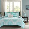 Full/Queen Teal Turquoise Aqua Blue and White Damask Comforter Set