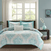 Full/Queen size 5-Piece Damask Comforter Set in Light Blue White and Grey