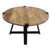 31 Inch Round Wooden Coffee Table, Metal Frame, X Base, Grains, Brown, Black