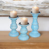 Wooden Candleholder with Turned Pedestal Base, Set of 3, Distressed Blue