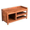 36 Inch Handcrafted Entryway Acacia Wood Bench, Two Slatted Shelves, One Compartment, Brown