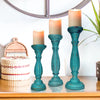 Handmade Wooden Candle Holder with Pillar Base Support, Turquoise Blue, Set of 3