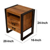 24 Inch 2 Drawer Mango Wood Bedside Table, Open Cubby, Double Sled Style Iron Frame, Brown, Black