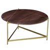 Ellis 32 Inch Round Wood Coffee Table with Brass Metal Base, Brown, Matte Gold