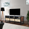 Carson 59 Inch Mango Wood TV Media Entertainment Console, Ornate Cut Out Floral Design, 3 Drawers, Natural Brown and Black